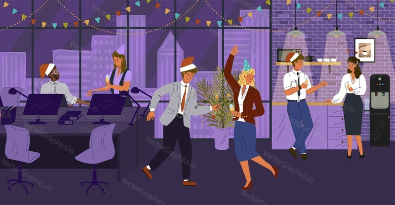 Векторная иллюстрация концепции новогодней и рождественской вечеринки в офисе. Счастливая бизнес-команда празднует Рождество танцами и шампанским. Персонажи офисных работников в рождественских шапочках.