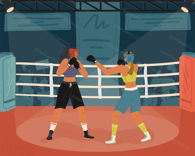 Female boxers fighting on arena vector illustration. Women boxing tournament.