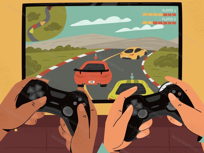 Guys hands holding gamepad front of tv or computer screen with video game vector illustration. Men playing car racing videogame on console station. People gaming competition challenge