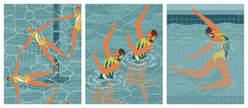 Набор векторных плакатов по синхронному плаванию. Женщины-синхронистки работают в команде в бассейне. Концепция водного спорта.