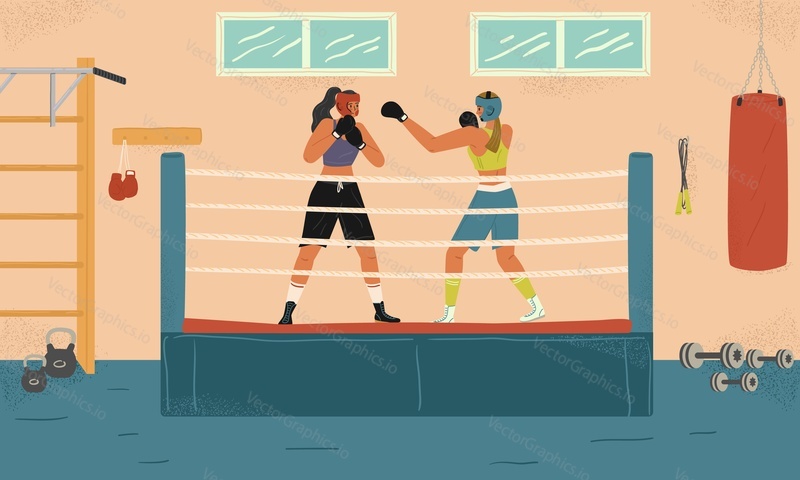 Female boxers fighting and training in a gym. Girls punch each other on a ring. Boxing gym interior.
