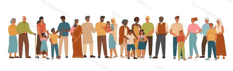 Разнообразная группа людей, изолированных на белом фоне, векторная иллюстрация. Люди разных рас и наций стоят вместе. Многонациональное и многокультурное сообщество. Многорасовая семья.