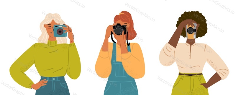 Vector set of professional female photographers. Hand drawn characters isolated on white background. Collection of creative women holding cameras and taking photos. People photographing.