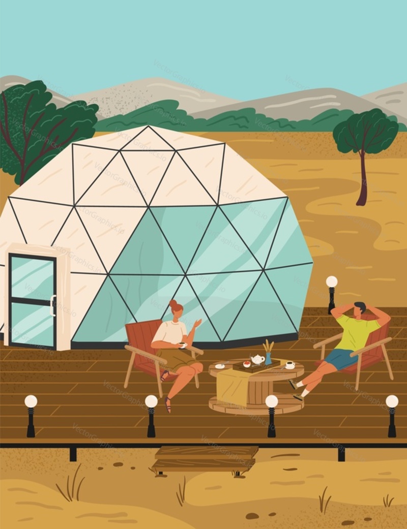 Glamping and camping in nature, vector poster with geo dome. Luxury glass and bubble house for recreation outdoors. Travel ourdoor and adventure concept.
