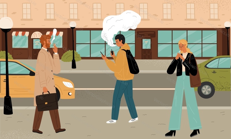 People walk on a street and smoke cigarettes vector illustration. Teen guy smokes vape. Smoking characters.