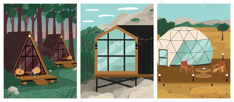 Glamping and camping in nature, vector posters set. Luxury a-frame house, glass and bubble houses for recreation outdoors. Travel ourdoor and adventure concept.