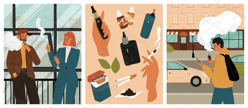 Business people smoke in office smoking area. Smoking concept vector posters set. Teen guy walk on a street and smokes vape. Electronic cigarettes, vaper, hand with cigarette, isolated objects.