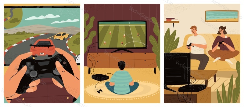 Different people gamer playing video games vector scene set. Young couple, little child and human hands using gamepad joystick having fun time at home illustration
