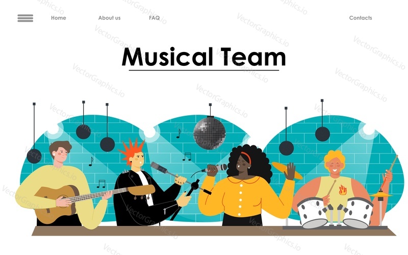Musical rock band and singer vector website landing page. Musician character illustration. Young musician group play guitar, drum and singing in microphone flat design