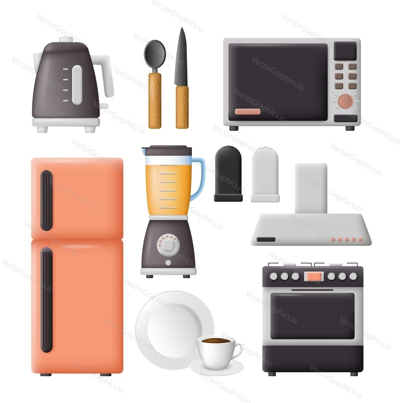 Kitchen appliances. Vector set of household electric appliances and utensils. Microwave, fridge, kettle, blender, oven.