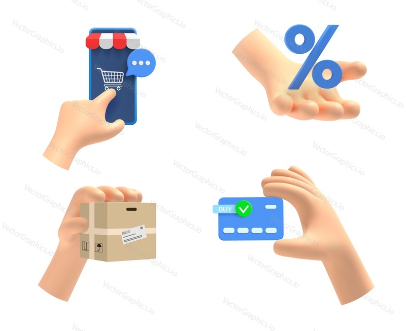 Hand shopping online, paying remotely, getting sale discount and using free delivery isometric set on white . Human hand holding smartphone, parcel, percent sign, credit card vector illustration