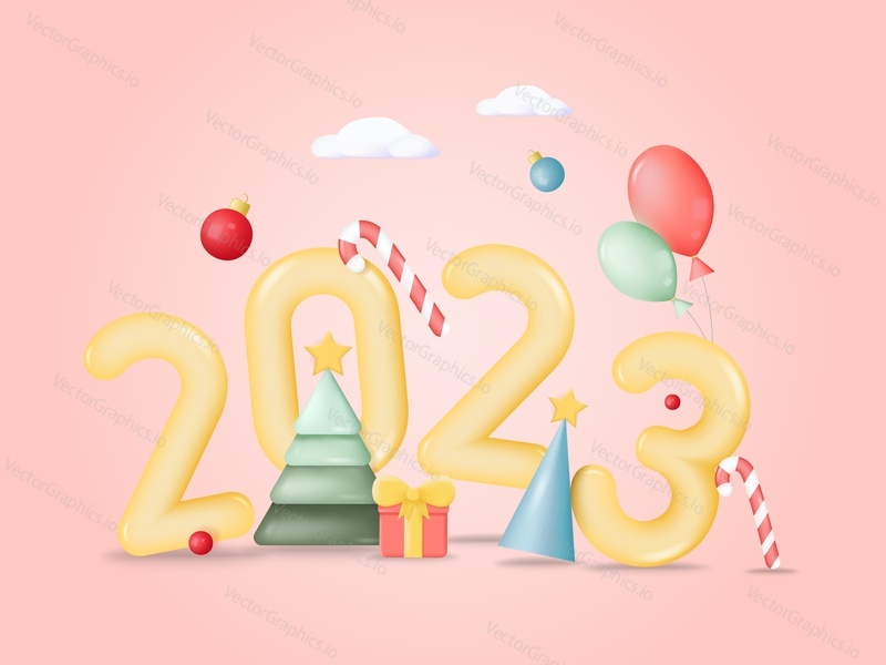 Happy 2023 new year celebration vector poster or banner template. Isometric design with merry Christmas attribute bauble and festive accessories. Greeting card layout illustration.