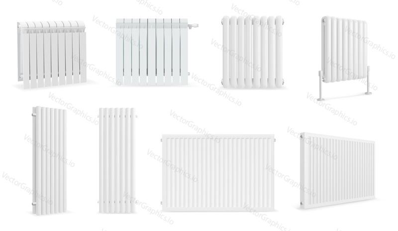 Realistic radiators set isolated on white background. Heat system item, warming equipment, modern heater tool on floor or hanging vector illustration