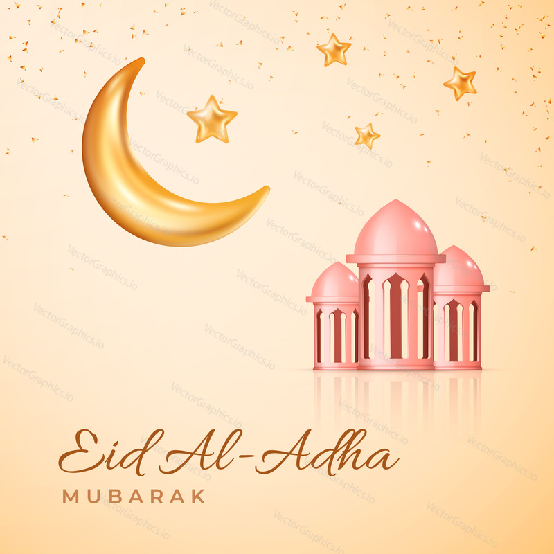 Eid al Adha poster in 3d modern vector style. Eid Mubarak Islamic holiday banner with Ramadan lantern and moon. Ramadan muslim decoration and background. Happy celebration of Eid al Adha.