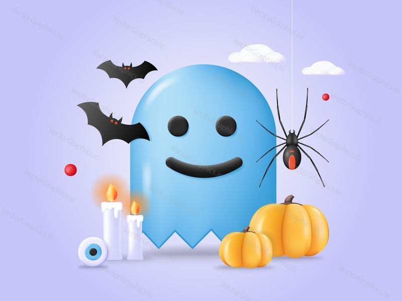 Halloween ghost isometric 3d vector. Horror background with scary night costume for treat or trick happy October party. Funny phantom character with pumpkin, bat and spider poster
