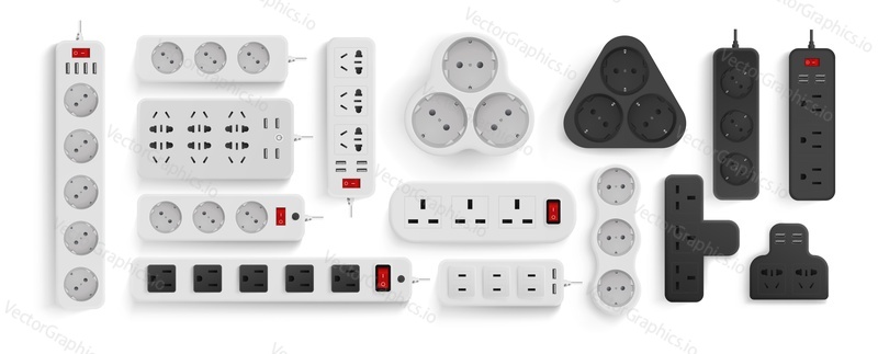 Realistic electric adapters, multiple socket with USB ports and switches for various plugs and cords vector illustration set isolated on white background