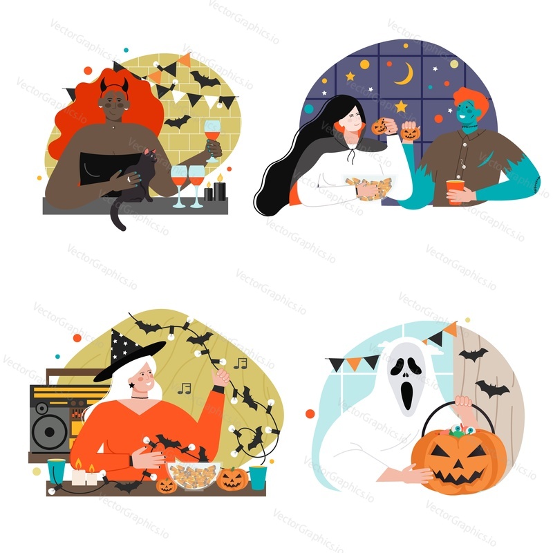 Halloween vector scene. People in spooky costume cheerfully celebrating autumn holiday, having fun at horror october night with scary pumpkin decoration illustration. Trick or treat concept