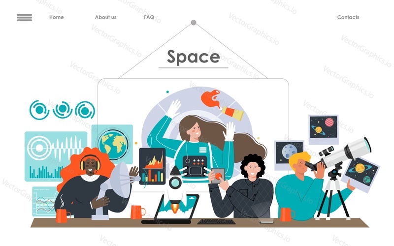 Space science landing page. Vector creative people team research futuristic technology and explore galaxy universe flat illustration. Mockup layout for website template
