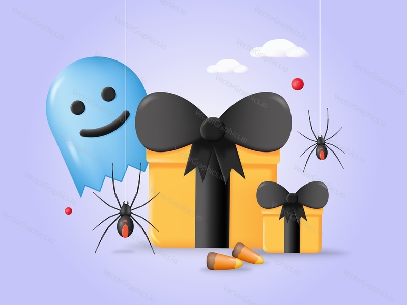 Halloween gift vector 3d background with pumpkin. Cute happy ghost and spider on web near present box illustration. Horror party decoration for greeting or invitation poster template