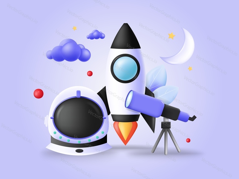 Space rocket ship, telescope and helmet vector banner illustration. Spaceship shuttle for cosmic travel and galaxy exploration. Science and spacecraft adventure concept