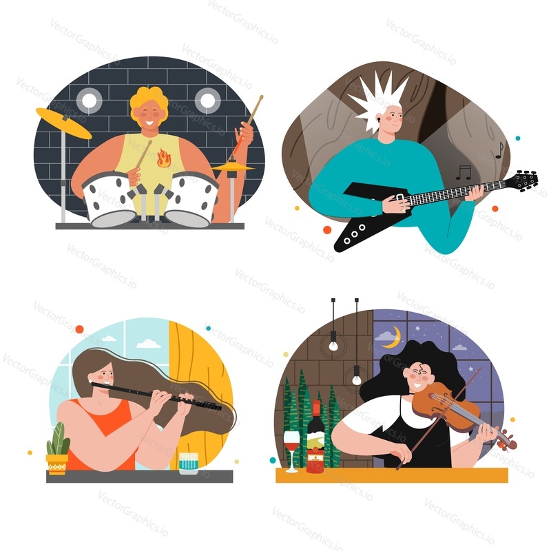 Musician people vector illustration. Flat music set. Woman and man play guitar, flute, drum and violin. Rock or jazz person talent artist character. Home musical studio performance