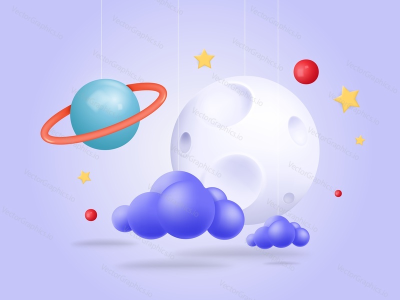 Creative space poster design 3d vector illustration. Space cloud, planetary satellite and saturn planet isometric cosmic object item. Interstellar travel, science and discovery concept