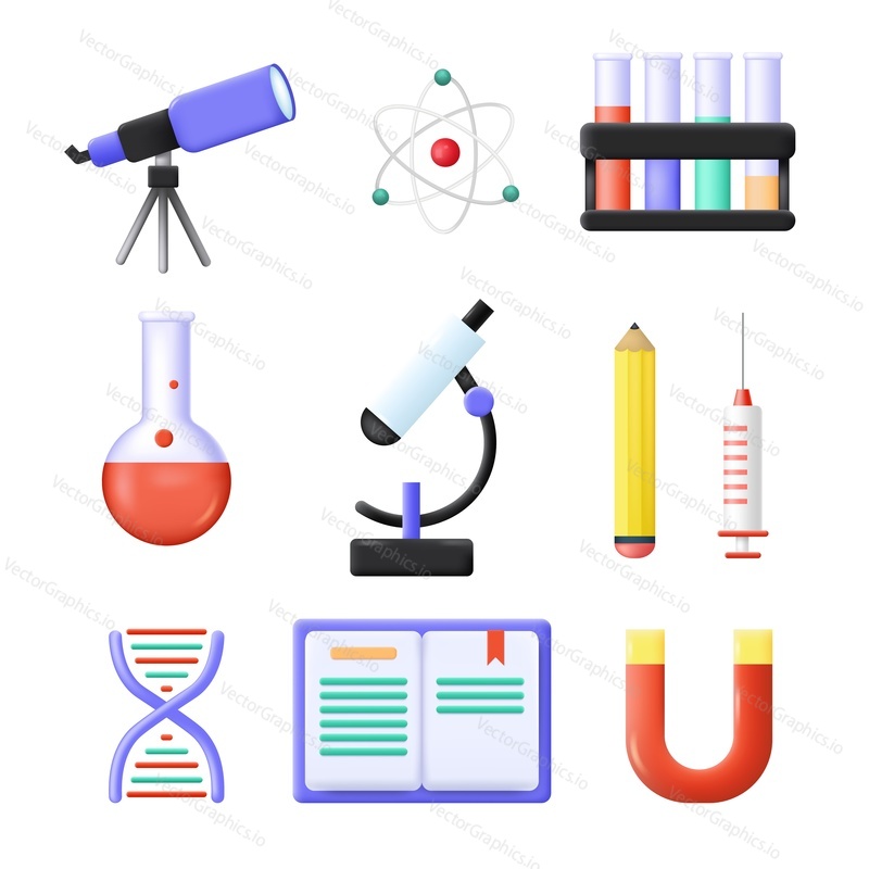 Science vector 3d icon. Chemistry laboratory research set. Dna molecule, atom, microscope and medical test equipment isometric symbol. Biology, biotechnology and chemical analysis concept
