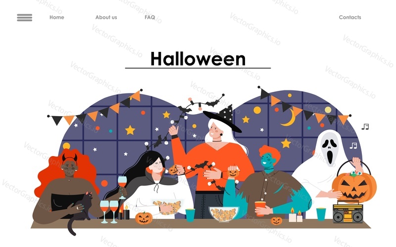 Halloween vector banner flat landing page. Party background. Happy people in festive costume celebrating scary october night event illustration. Autumn season holiday celebration