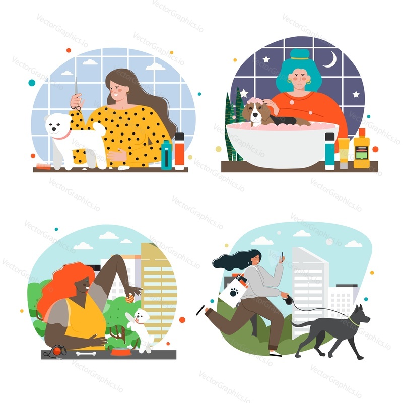 Dog care scene vector set. Animal grooming at veterinary salon flat illustration. Pet owner bathing, feeding doggy and walking with puppy on leash. People and domestic friend communication