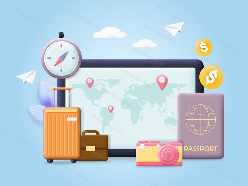 Travel and vacation background banner vector 3d design with airplane, mobile tablet navigation map, passport and tourist suitcase. Holiday trip advertising illustration. Tourism concept