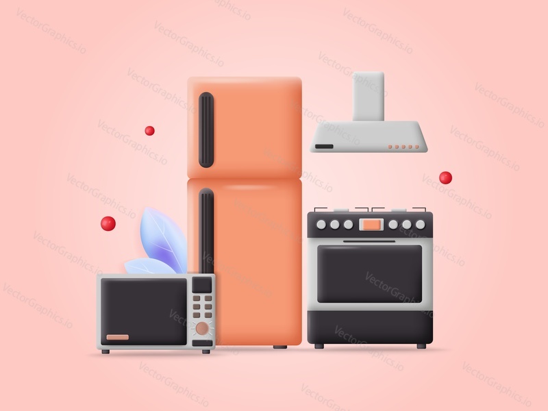 Kitchen electric home appliance vector. Household equipment illustration. 3d fridge, microwave cooker and stove with hood. House supplies for storage and cooking food