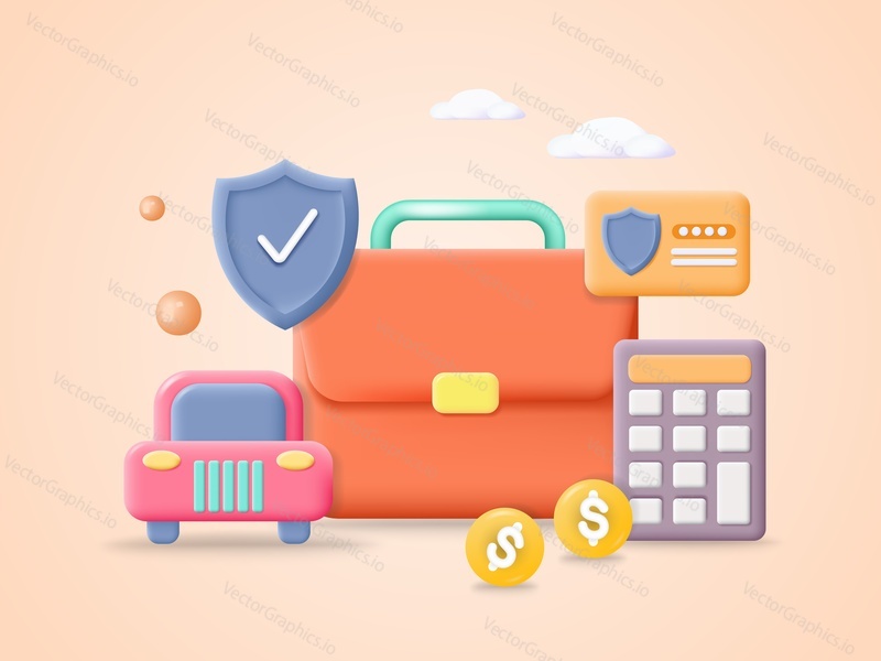 Insurance car policy finance form and money 3d vector illustration. Auto safety rent or purchase warranty. Vehicle, briefcase, dollar coin, calculator and shield isometric poster design