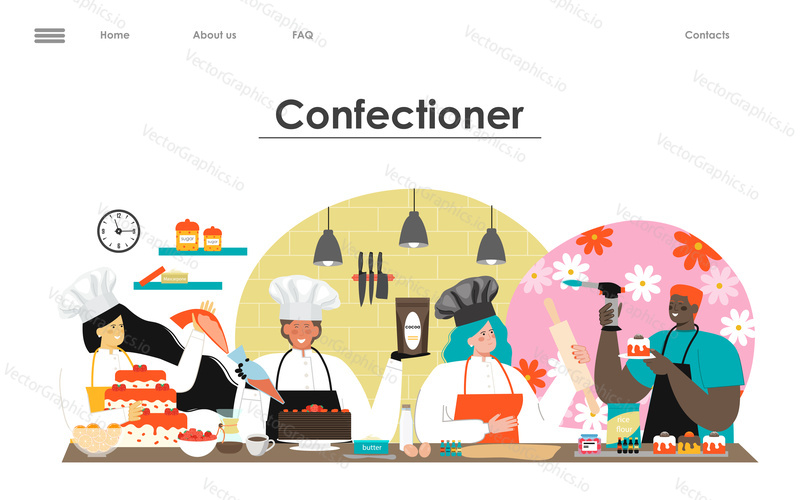 Confectionary vector landing page mockup template. Pastry and bakery concept. Professional confectioner chef, sweet baker cooking pie for holiday, cupcake, chocolate brownie illustration