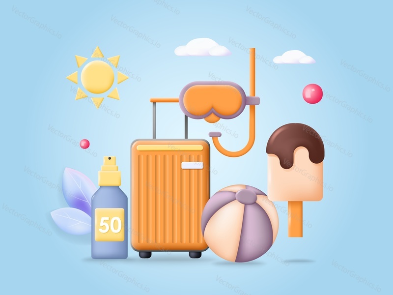 Summer holiday vector. Tropical vacation 3d poster. Sunscreen, inflatable ball, ice-cream, sun, luggage suitcase, snorkeling mask for diving holiday vacation item illustration