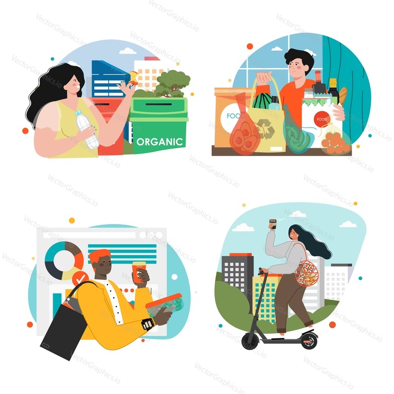 People prefer healthy eco products vector set. Cartoon man and woman holding natural fruits and vegetables illustration. Vegetarianism, environment preservation, ecology protection concept