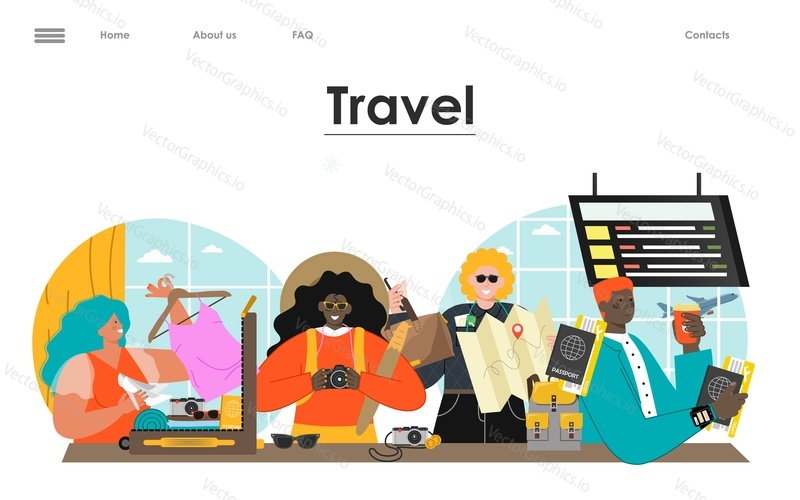 Travel landing page template with people tourist. Flat vector traveler illustration. Tour agency, business trip and vacation adventure concept