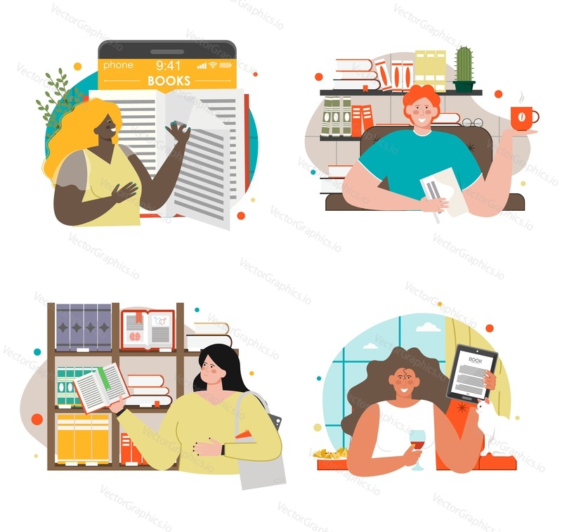People reading paper and electronic books vector scene set. Students using cloud library, global internet service for literature storage, electronic bookshelf and textbooks illustration