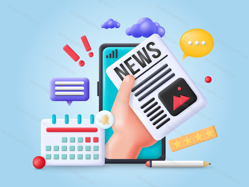 Online news in mobile phone vector. Web service or application for reading fresh articles on smartphone illustration. Newspaper and portal on internet