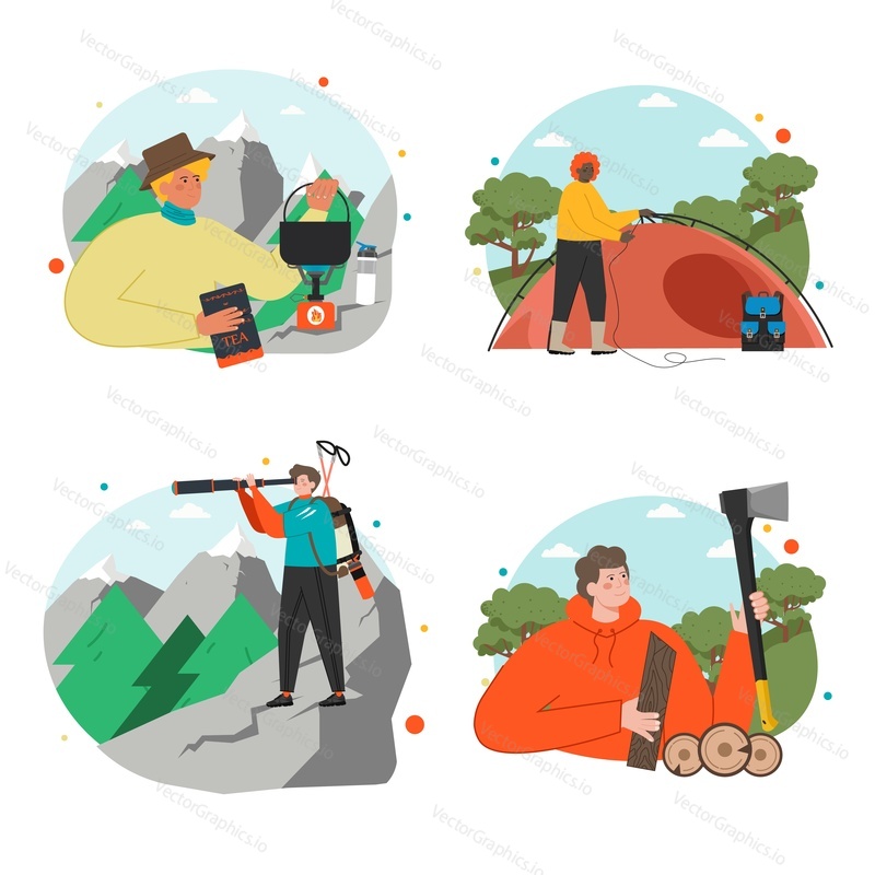 Hiking scene set. Flat travelers and hikers in mountain vector illustration. Vacation adventure and travel in summer. Camping time leisure activity