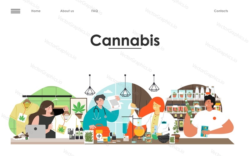 Legal medical cannabis use vector landing page template. Website service for hemp products extraction and distribution. People using CBD oil, doctor giving medical marijuana prescription illustration