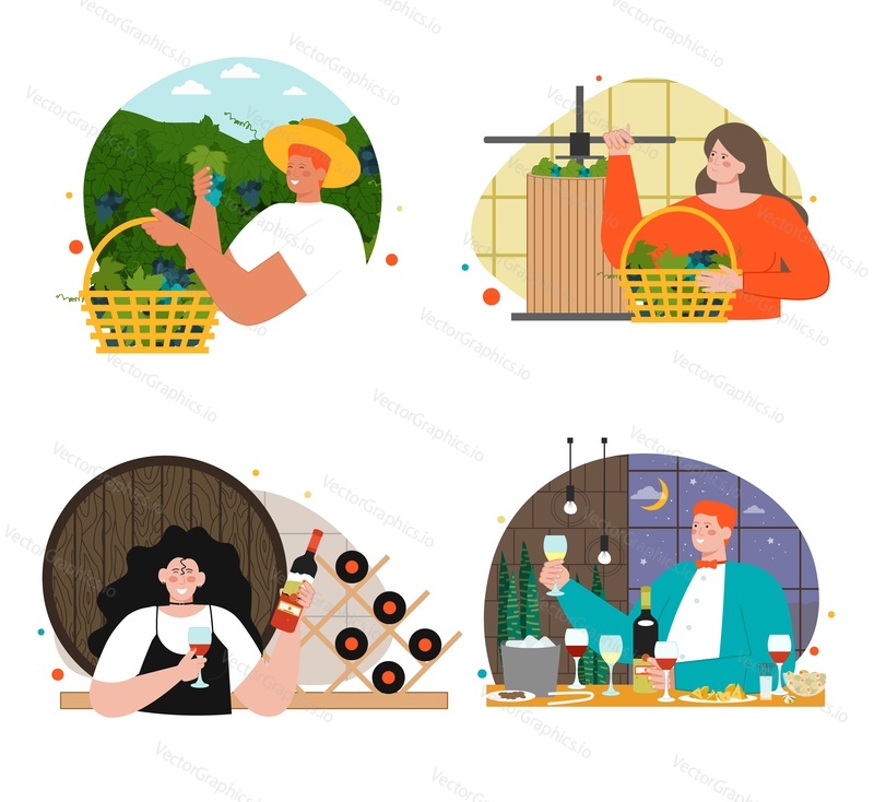 People engaged in wine production, bottling and selling vector set. Winemakers character and customer choosing drinking natural vine illustration