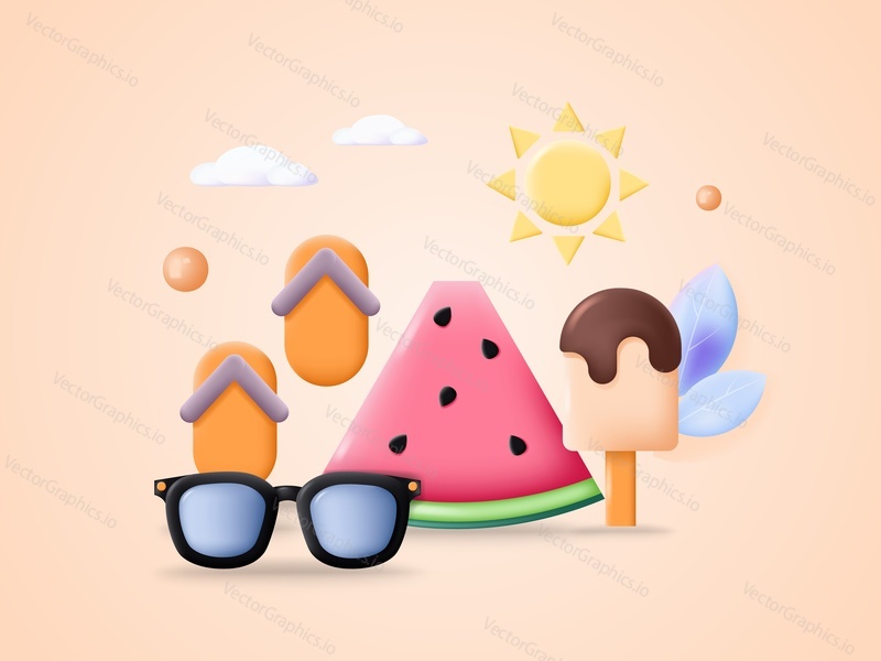 Summer vector. Sea beach vacation at tropical resort advertising poster template. Sunglasses, ice-cream, slippers, sun, watermelon slice holiday item illustration