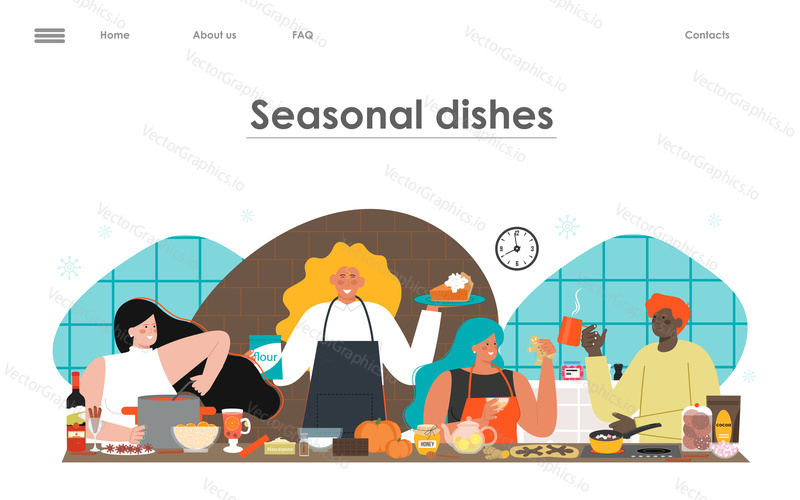 Сезонное блюдо, домашний рецепт онлайн-сервиса, плоский векторный шаблон веб-сайта целевой страницы. Персонаж людей, готовящий свежую органическую здоровую пищу в домашних условиях иллюстрация