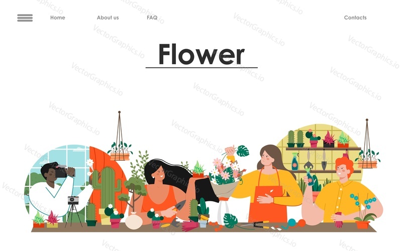 Векторный шаблон целевой страницы онлайн-сервиса цветочного магазина. Хобби садоводства дополняет дистрибуцию. Люди, занимающиеся садоводством и посадкой растений, наслаждаются иллюстрациями. Баннер веб-страницы цветочного магазина market