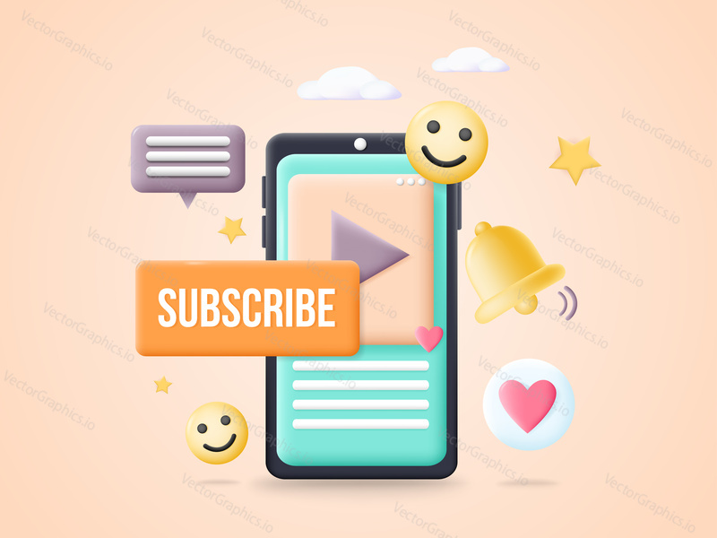 Subscribe button with bell for social media vector illustration. Video channel, blog or newsletter mailing subscription banner template. Digital marketing concept