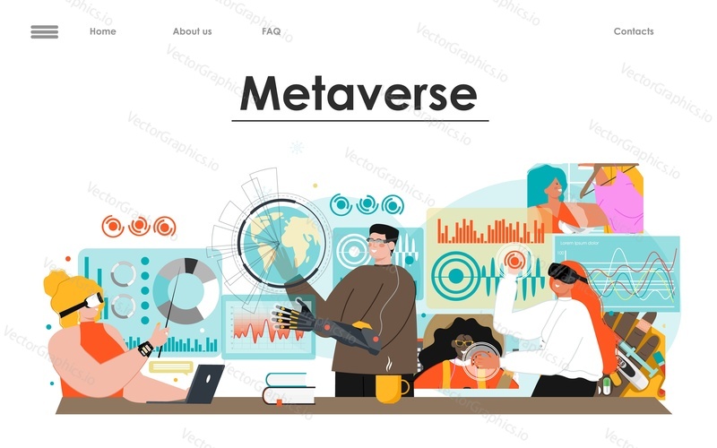 Metaverse flat landing page. Man and woman in VR headset using cyberspace for work, playing game, studying science vector template. Virtual reality and blockchain technology