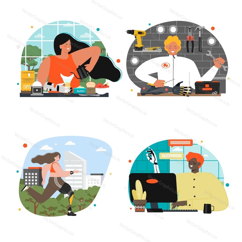 People with prosthesis flat vector scene set. Positive man and woman with special needs lifestyle illustration. Daily routine of handicapped person. Disabled characters at home, at work or doing sport