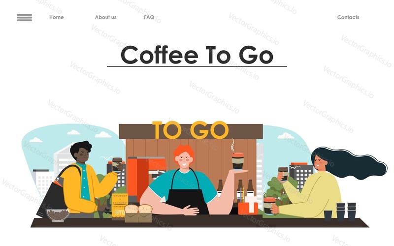Coffee to go cafe shop service vector landing page. Barista making hot aroma drink for client customer illustration. Order, buying and delivery morning refreshment