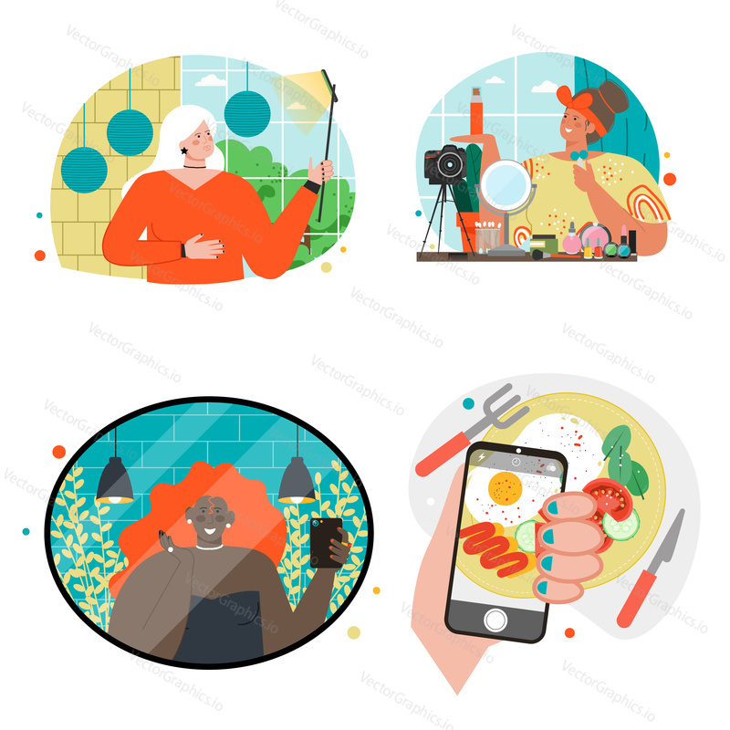 Woman using smartphone social media vector scene illustration set. Young people blogger taking photo of food or selfie by mobile gadgets camera. Vlogger shooting video for vlog channel