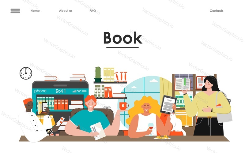 Media book library vector landing page template. People reading, buying, choosing paper and electronic books to study on e-library at school illustration. E-learning online archive or bookstore